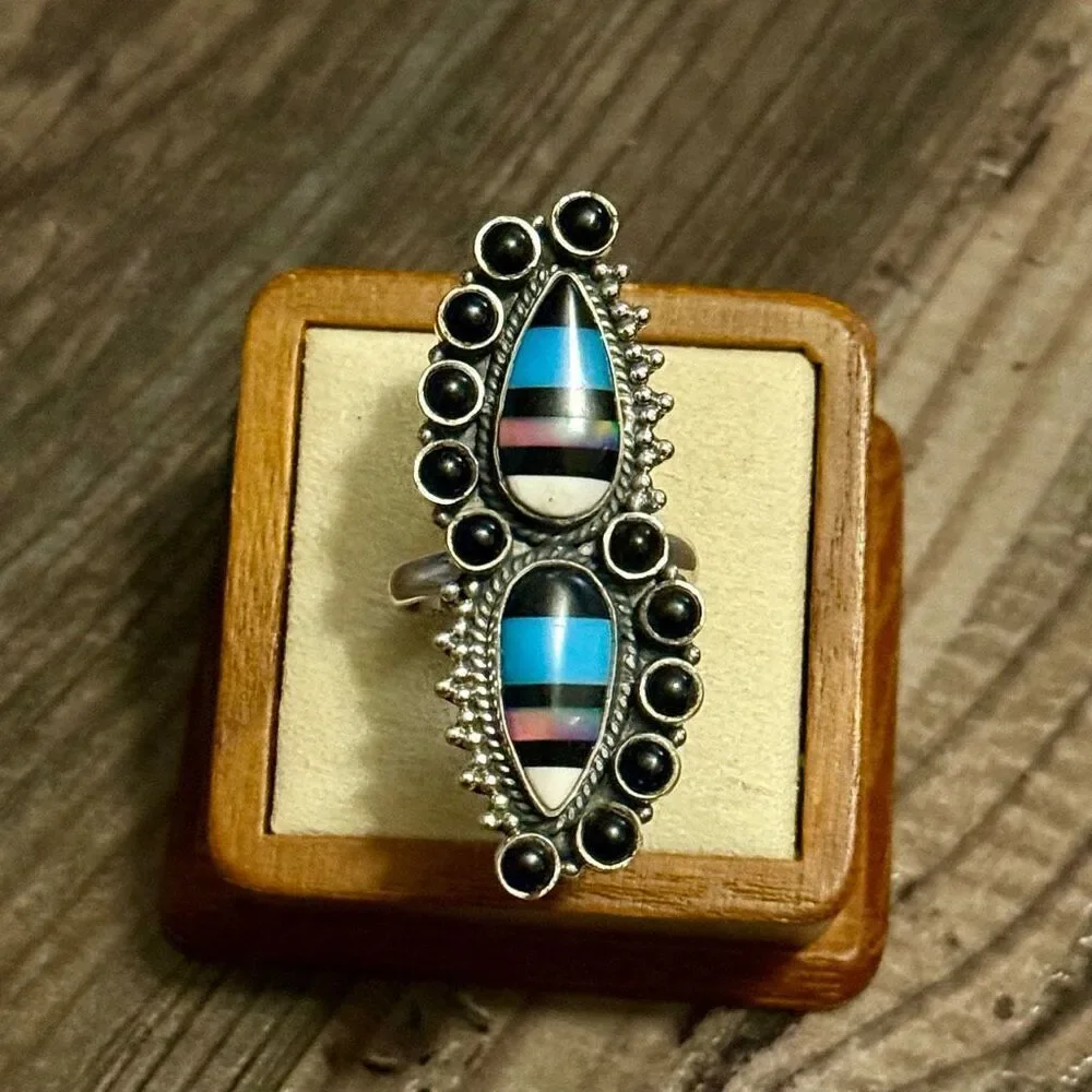 Southwestern Bold Aurora Opal & Onyx Sterling Silver Adjustable Cocktail Ring